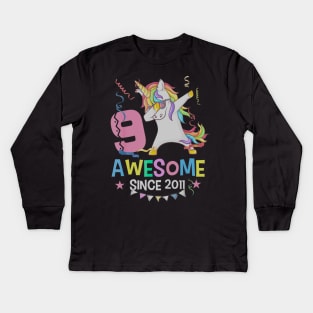 Girls 9th 9yr Birthday Unicorn Dabbing Awesome Since 2011 Kids Long Sleeve T-Shirt